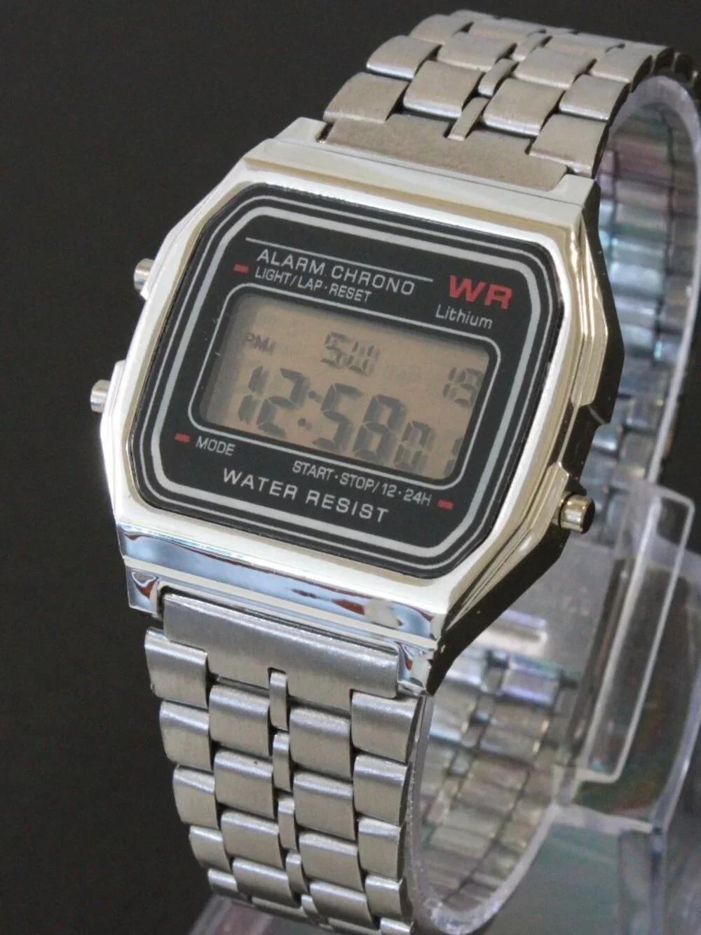 Retro Style Digital Watch Metal Case Bracelet Back light, Stopwatch, Day, Date